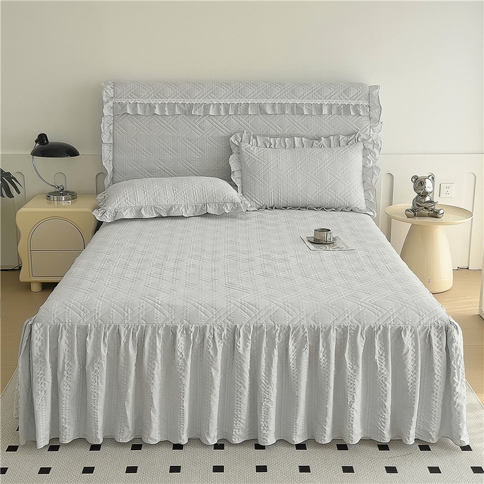 91家纺网 家纺一手货源 找家纺 2024新款亲肤水洗泡泡棉夹棉绗缝床裙款单品及套件 银灰