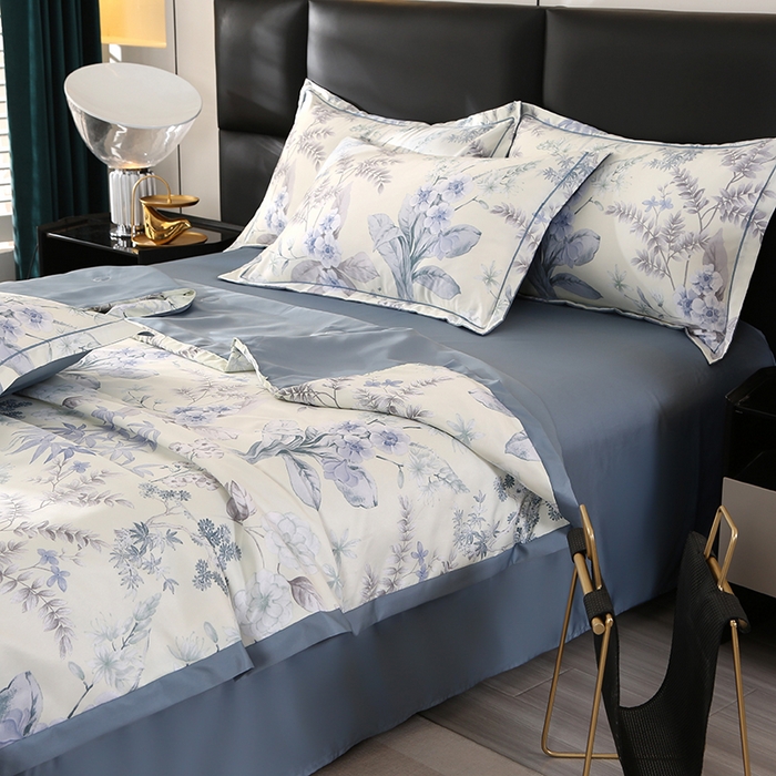 91家纺网 家纺一手货源 找家纺 富之航家纺 2024新款拼角宽边水洗天丝夏被四件套 玉茗春浅米