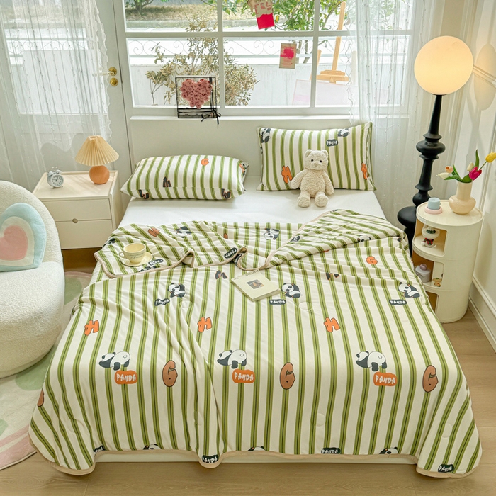 91家纺网 家纺一手货源 找家纺 葡萄家 2024新款A类母婴级大豆纤维牛奶丝针织棉夏凉被 绿条熊猫