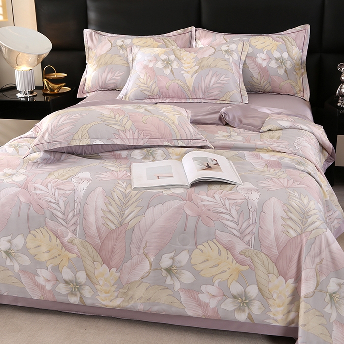 91家纺网 家纺一手货源 找家纺 富之航家纺 2024新款拼角宽边水洗天丝夏被四件套 羽颂紫