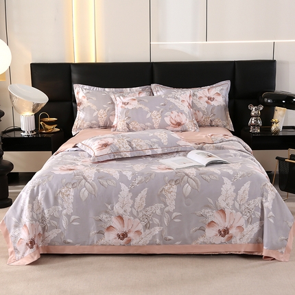 富之航家纺 2024新款拼角宽边水洗天丝夏被四件套 花颜灰