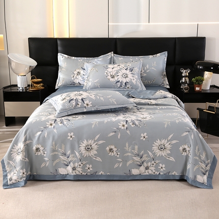 富之航家纺 2024新款拼角宽边水洗天丝夏被四件套 花悦吟兰