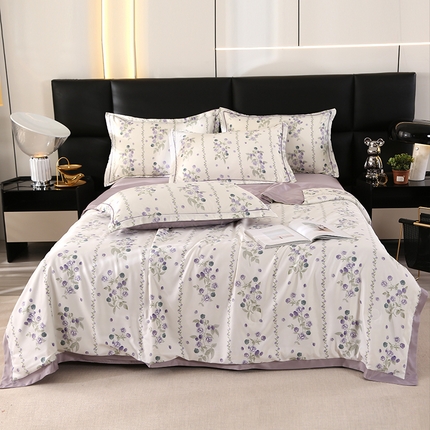 富之航家纺 2024新款拼角宽边水洗天丝夏被四件套 园艺紫