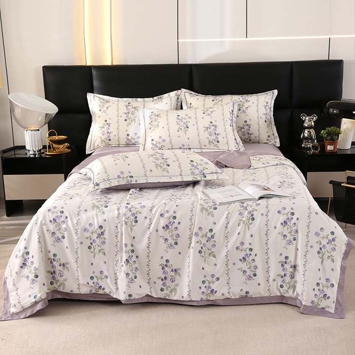 91家纺网 家纺一手货源 找家纺 富之航家纺 2024新款拼角宽边水洗天丝夏被四件套 园艺紫