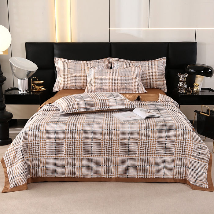 91家纺网 家纺一手货源 找家纺 富之航家纺 2024新款拼角宽边水洗天丝夏被四件套 约克-可可棕