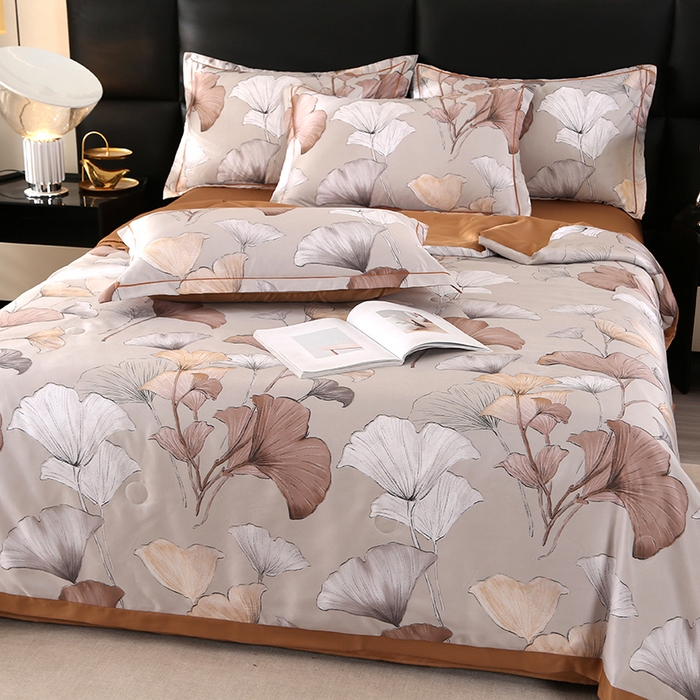 91家纺网 家纺一手货源 找家纺 富之航家纺 2024新款拼角宽边水洗天丝夏被四件套 盛夏-可可棕