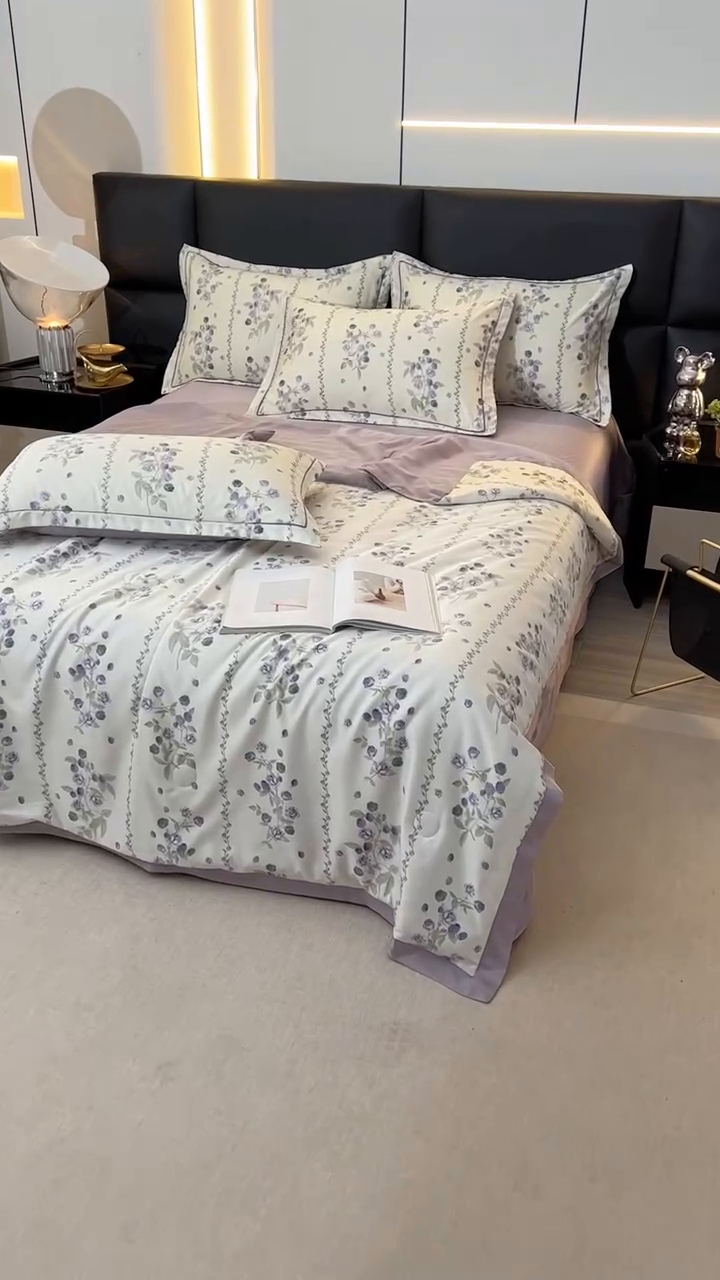 91家纺网 家纺一手货源 找家纺 富之航家纺 2024新款拼角宽边水洗天丝夏被四件套 园艺紫