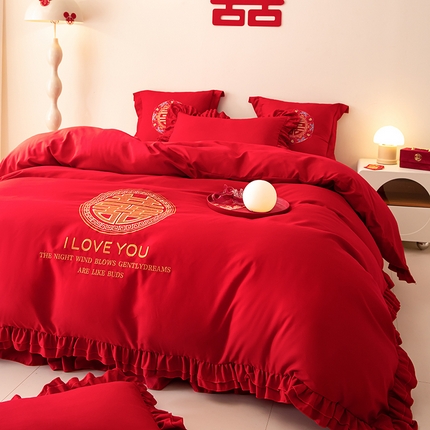 91家纺网 家纺一手货源 找家纺 玉雅家纺 2025新款磨毛时尚花边款床裙婚庆四件套 花边款-简爱