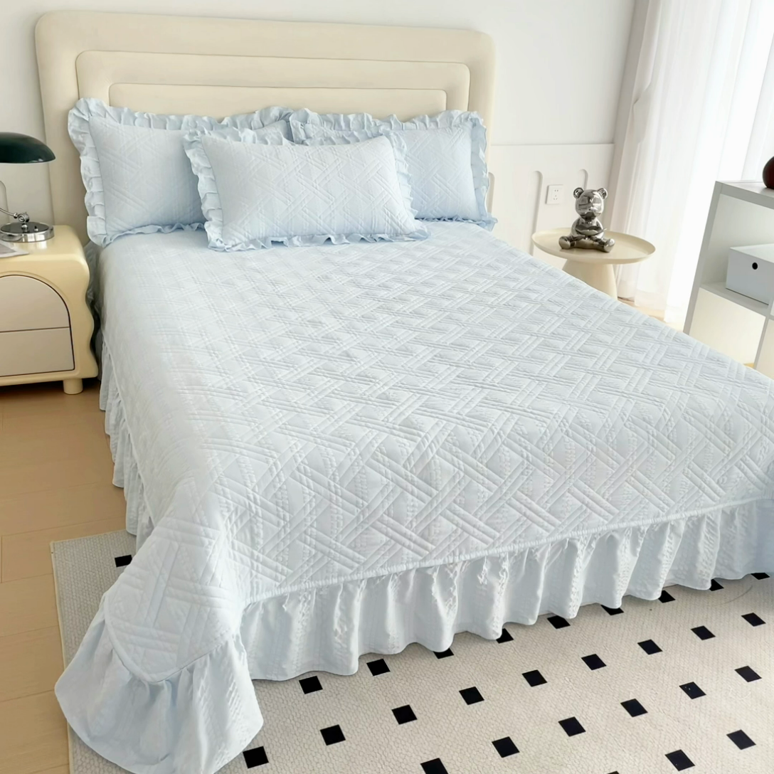 91家纺网 家纺一手货源 找家纺 十个点 2024新款软糯舒适水洗泡泡棉夹棉床盖款单品及套件 天蓝