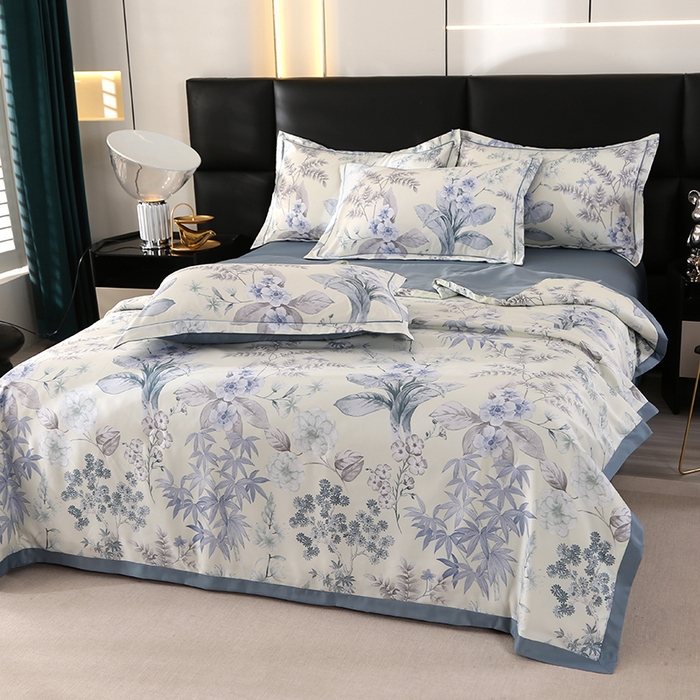 91家纺网 家纺一手货源 找家纺 富之航家纺 2024新款拼角宽边水洗天丝夏被四件套 玉茗春浅米