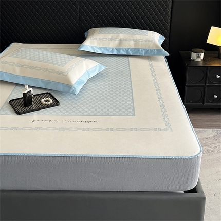 91家纺网 家纺一手货源 找家纺 三味舒屋 2025新款凉感抗菌防螨印花冰丝养生席手绘系列床笠款【简欧】  杰西卡蓝