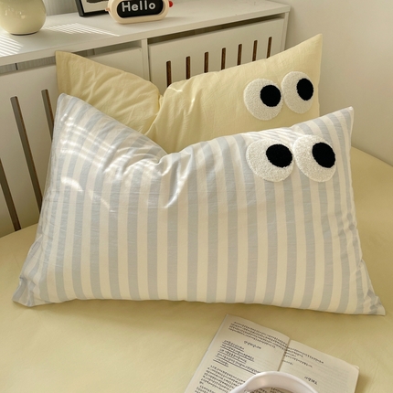 丽涵家纺 2024新款全棉色织水洗棉单品枕套-毛巾绣大眼系列 48*74cm枕套/只 ins混搭1-宽条蓝