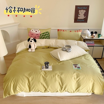 91家纺网 家纺一手货源 找家纺 柠馨 2024新款全棉卡通数码印花绣标系列四件套 恰杯咖啡