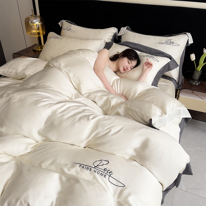 91家纺网 家纺一手货源 找家纺 瑞驰家纺 2024新款60兰精天丝四件套-罗莎琳 奶昔白