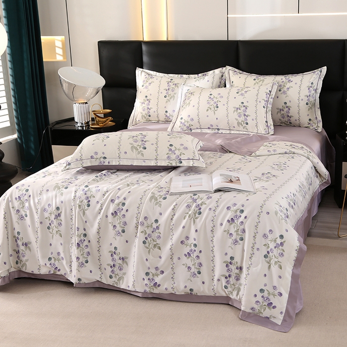 91家纺网 家纺一手货源 找家纺 富之航家纺 2024新款拼角宽边水洗天丝夏被四件套 园艺紫