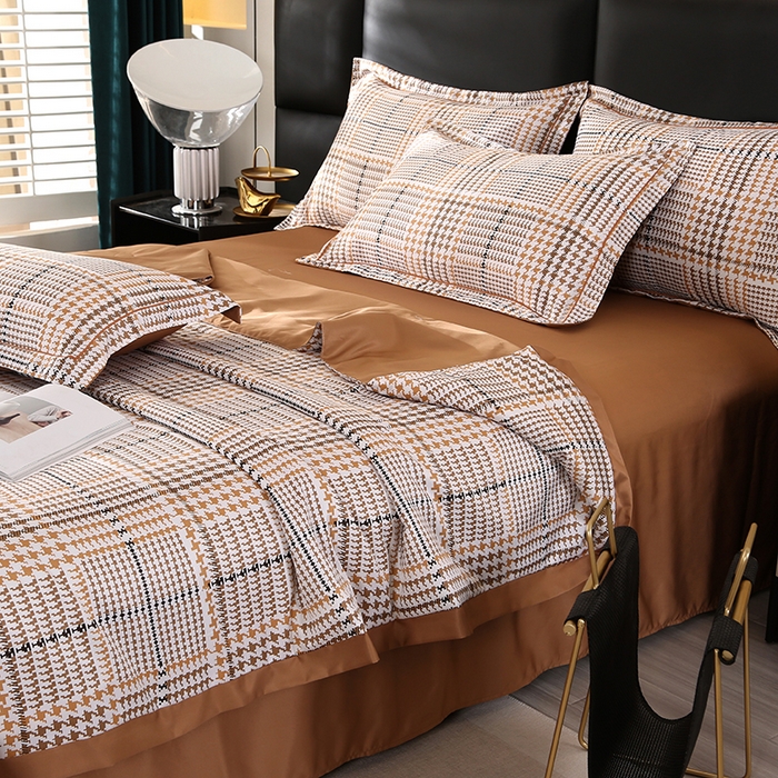 91家纺网 家纺一手货源 找家纺 富之航家纺 2024新款拼角宽边水洗天丝夏被四件套 约克-可可棕