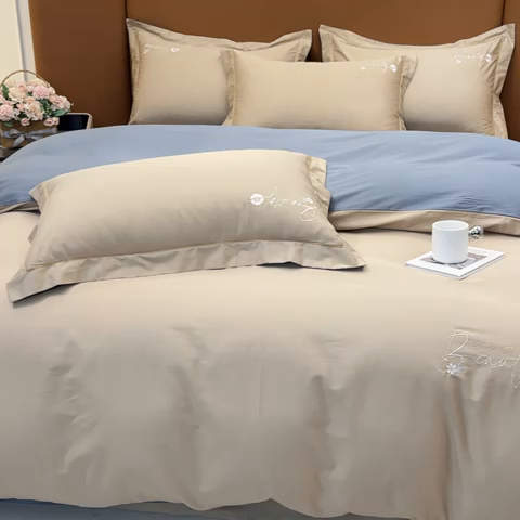 91家纺网 家纺一手货源 找家纺 U品汇 2024新品60S支贡缎长绒棉刺绣花四件套AB版纯棉全棉4件套100%棉 爱莎-浅驼