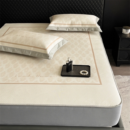 91家纺网 家纺一手货源 找家纺 三味舒屋 2025新款凉感抗菌防螨印花冰丝养生席手绘系列床笠款【简欧】  伊芙琳米