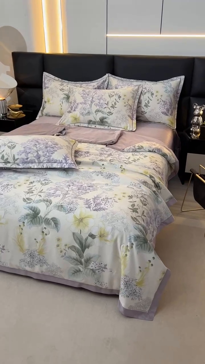 91家纺网 家纺一手货源 找家纺 富之航家纺 2024新款拼角宽边水洗天丝夏被四件套 叶知秋咖