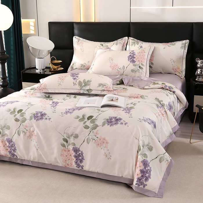 91家纺网 家纺一手货源 找家纺 富之航家纺 2024新款拼角宽边水洗天丝夏被四件套 紫藤花紫