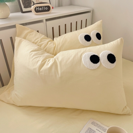 丽涵家纺 2024新款全棉色织水洗棉单品枕套-毛巾绣大眼系列 48*74cm枕套/只 ins混搭1-奶油黄