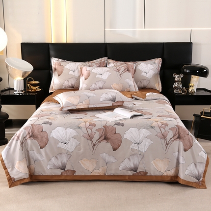 富之航家纺 2024新款拼角宽边水洗天丝夏被四件套 盛夏-可可棕