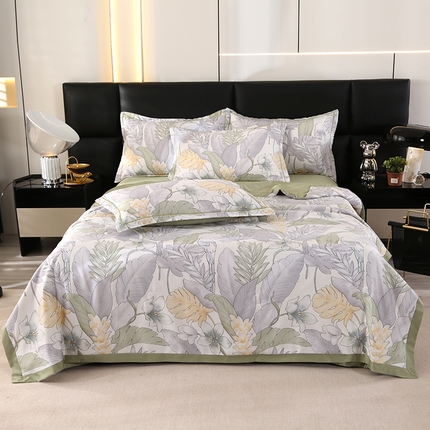 富之航家纺 2024新款拼角宽边水洗天丝夏被四件套 羽颂灰