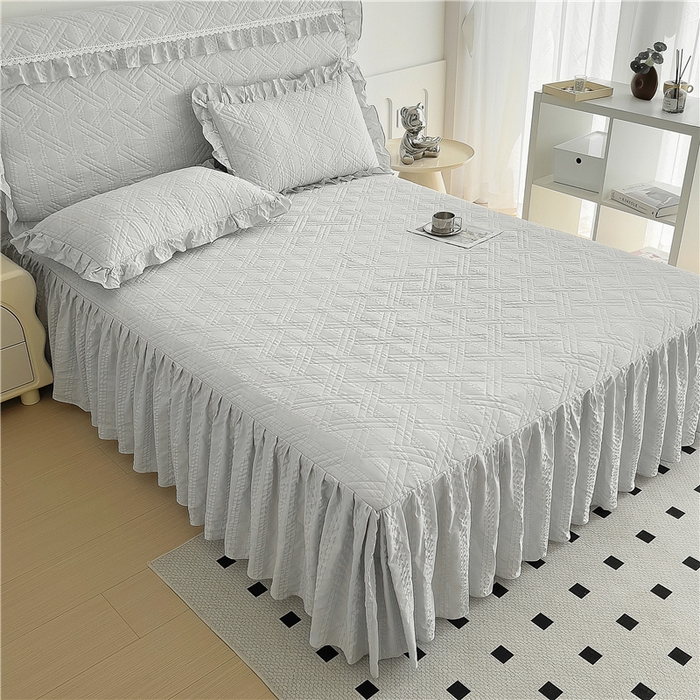 91家纺网 家纺一手货源 找家纺 2024新款亲肤水洗泡泡棉夹棉绗缝床裙款单品及套件 银灰