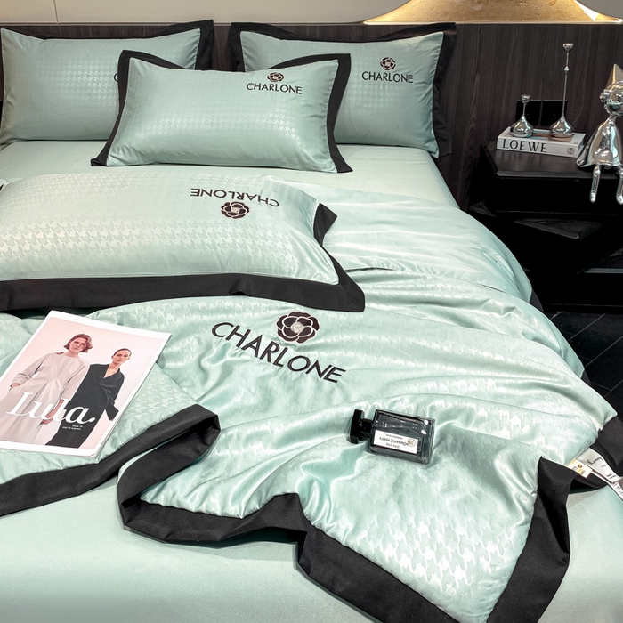 91家纺网 家纺一手货源 找家纺 露梦 2025新款水洗真丝刺绣夏被夏被四件套挪威系列 挪威-薄荷绿