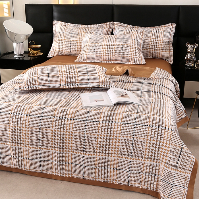 91家纺网 家纺一手货源 找家纺 富之航家纺 2024新款拼角宽边水洗天丝夏被四件套 约克-可可棕