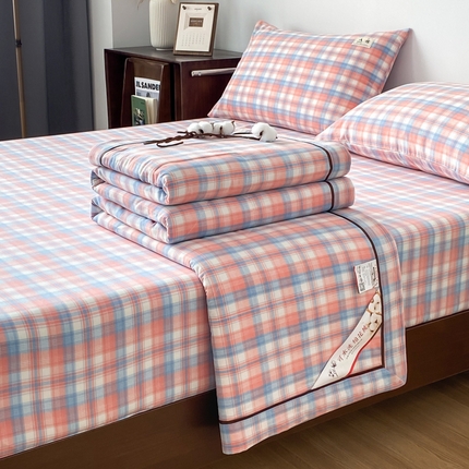 21度C 2024新款全棉夏被四件套 七分格粉