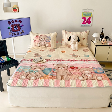 顾里家纺 顾里家纺 2024新款凉感丝数码印花INS风大版凉席三件套 洛丽小熊黄