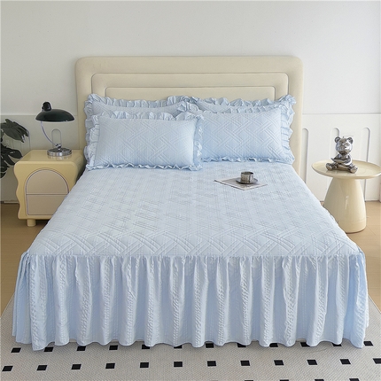 91家纺网 家纺一手货源 找家纺 2024新款亲肤水洗泡泡棉夹棉绗缝床裙款单品及套件 天蓝