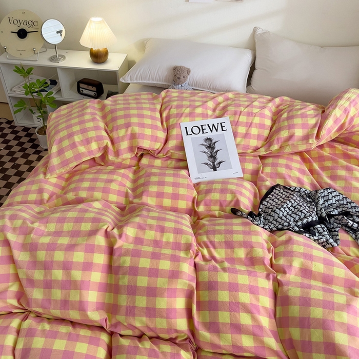 91家纺网 家纺一手货源 找家纺 大柏树 2025新款A类色织全棉水洗棉单品系列-单被套 黄粉三分格