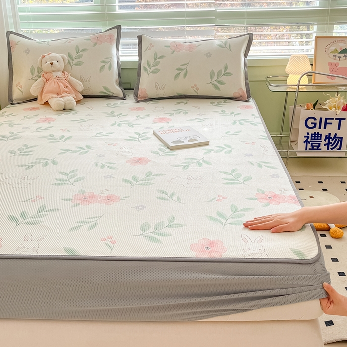 91家纺网 家纺一手货源 找家纺 沐慕 2024新款小清新印花冰藤床笠系列 床笠-莫妮卡