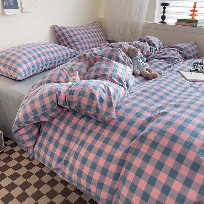 91家纺网 家纺一手货源 找家纺 大柏树 2025新款A类色织全棉水洗棉单品系列-四件套 粉灰小格