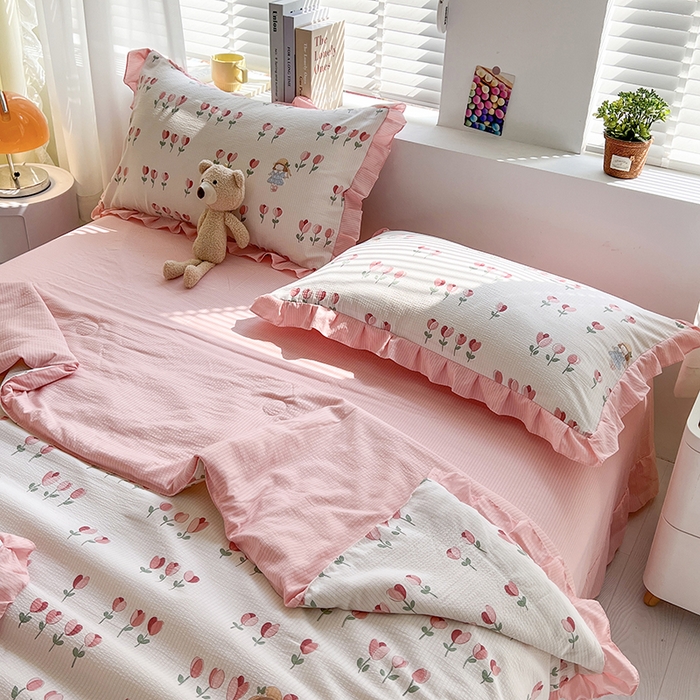 91家纺网 家纺一手货源 找家纺 富之航 2024新款时尚舒适泡泡棉夏被四件套伊梦