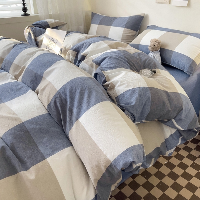 91家纺网 家纺一手货源 找家纺 大柏树 2025新款A类色织全棉水洗棉单品系列-四件套 蓝大格