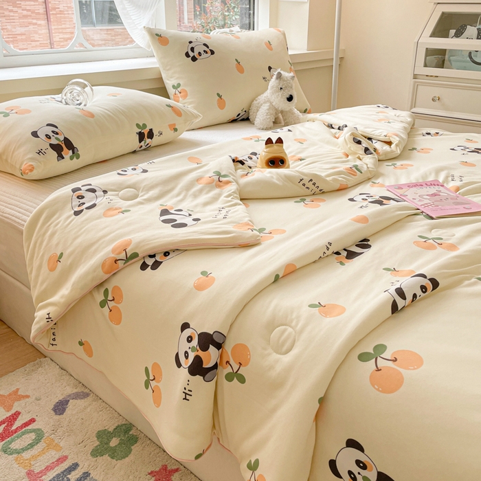 91家纺网 家纺一手货源 找家纺 沐慕 2024新款小清新加厚亲肤针织棉夏被 橘子熊猫