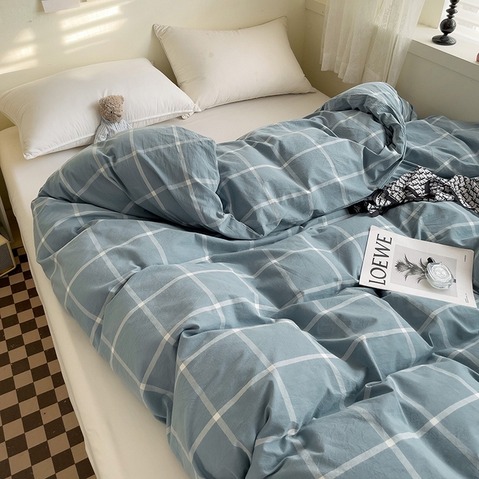 91家纺网 家纺一手货源 找家纺 大柏树 2025新款A类色织全棉水洗棉单品系列-单被套 蓝灰中格