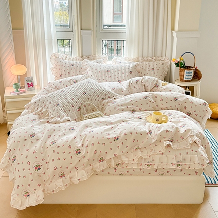 91家纺网 家纺一手货源 找家纺 宜凡 2024新款全棉床笠双层花边四件套 摩卡花园