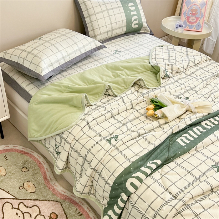 91家纺网 家纺一手货源 找家纺 沐慕 2024新款小清新华夫格印花冰藤夏被四件套 华夫格-蝴蝶结绿