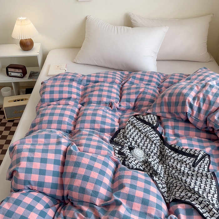 91家纺网 家纺一手货源 找家纺 大柏树 2025新款A类色织全棉水洗棉单品系列-单被套 粉灰小格