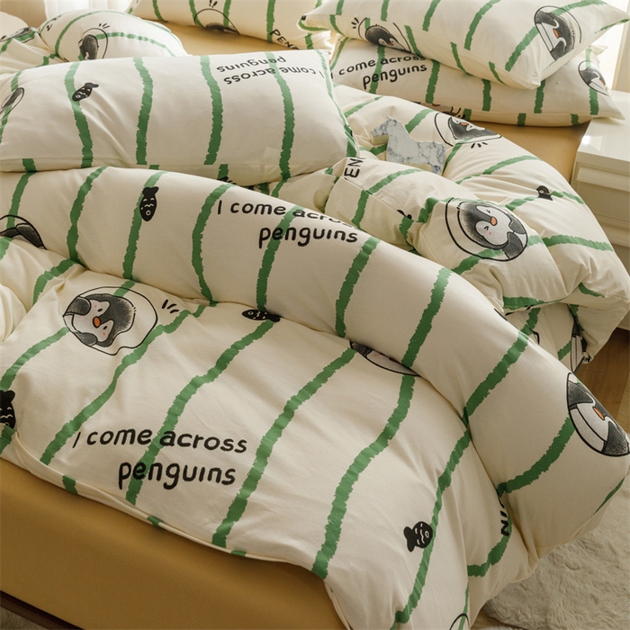 91家纺网 家纺一手货源 找家纺 瑞米家居 2024新款A类全棉针织棉四件套 企鹅-绿