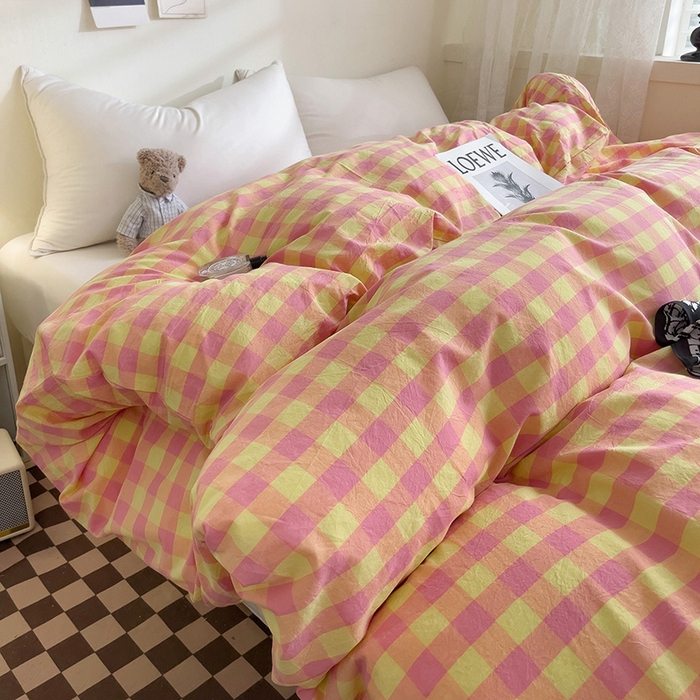 91家纺网 家纺一手货源 找家纺 大柏树 2025新款A类色织全棉水洗棉单品系列-单被套 黄粉三分格