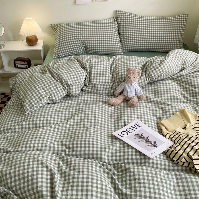 91家纺网 家纺一手货源 找家纺 大柏树 2025新款A类色织全棉水洗棉单品系列-四件套 绿小格