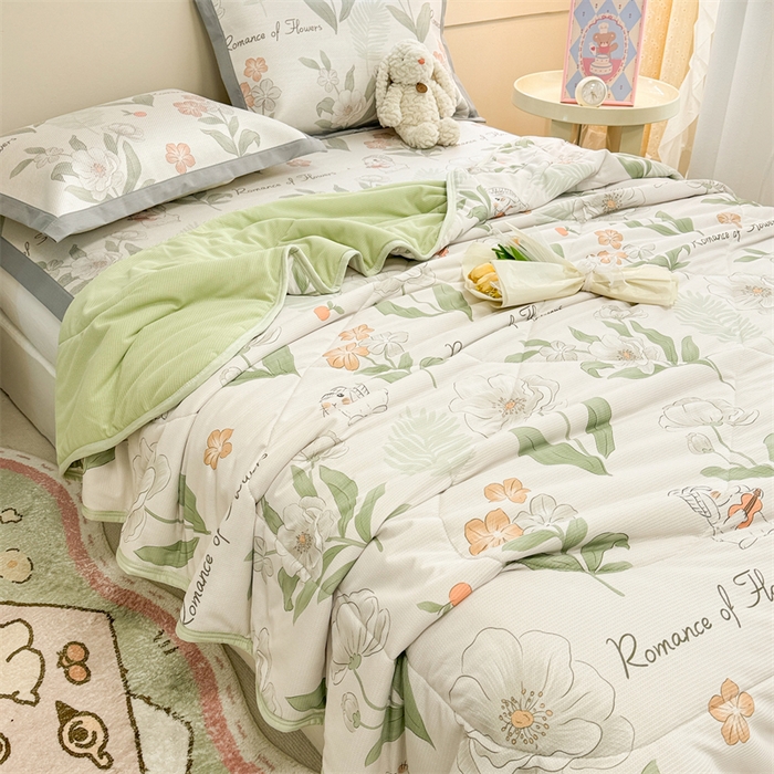 91家纺网 家纺一手货源 找家纺 沐慕 2024新款小清新华夫格印花冰藤夏被四件套 华夫格-森系小兔