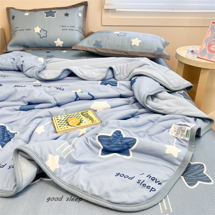 91家纺网 家纺一手货源 找家纺 沐慕 2024新款小清新华夫格印花冰藤夏被四件套 华夫格-星星点点