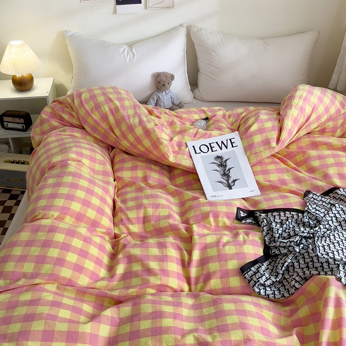 91家纺网 家纺一手货源 找家纺 大柏树 2025新款A类色织全棉水洗棉单品系列-单被套 黄粉三分格