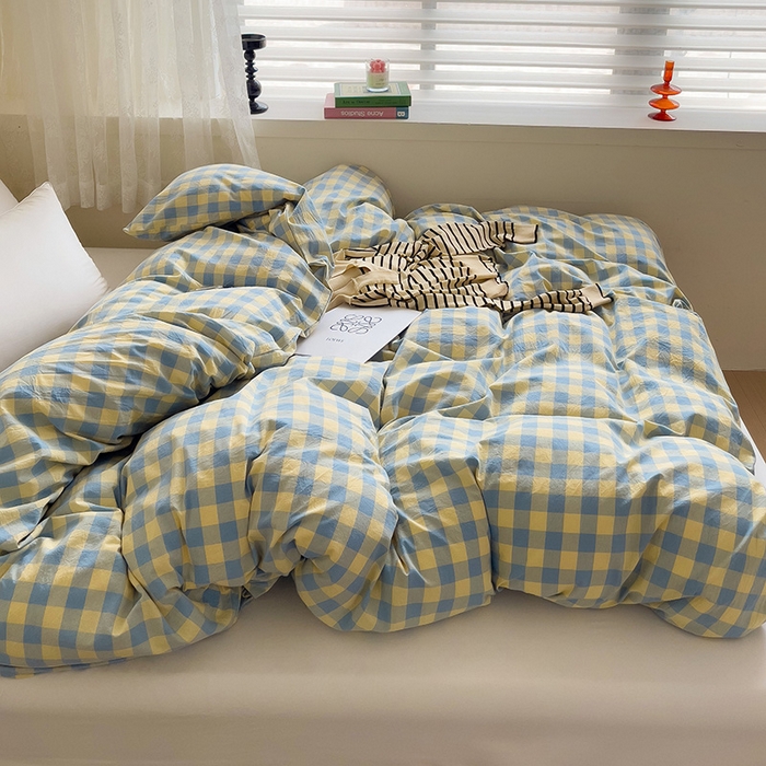 91家纺网 家纺一手货源 找家纺 大柏树 2025新款A类色织全棉水洗棉单品系列-单被套 蓝黄三分格